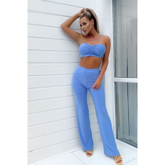 Blue Strapless Ruched Crop Top and High Waist Wide Leg Pants Two Piece Set - Picture 2 of 6